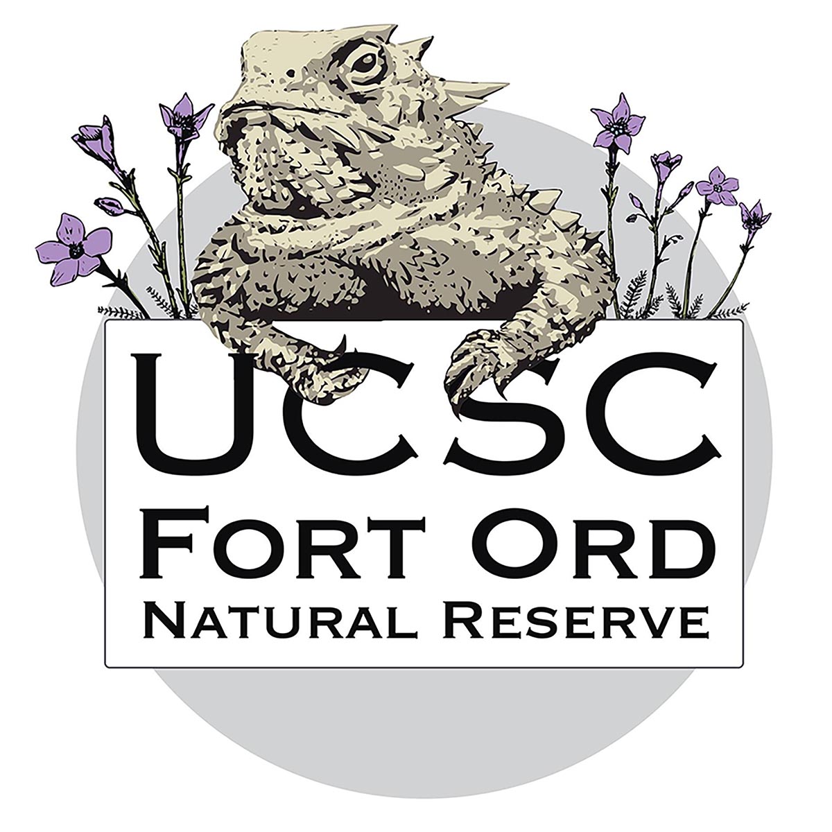 Nature Reserve Logo with text that reads "UCSC Fort Ord Natural Reserve" with image of a coast horned lizard and sand gilia flowers in the background. 